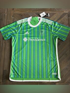 adidas Bright Green and Blue Striped Soccer Jersey